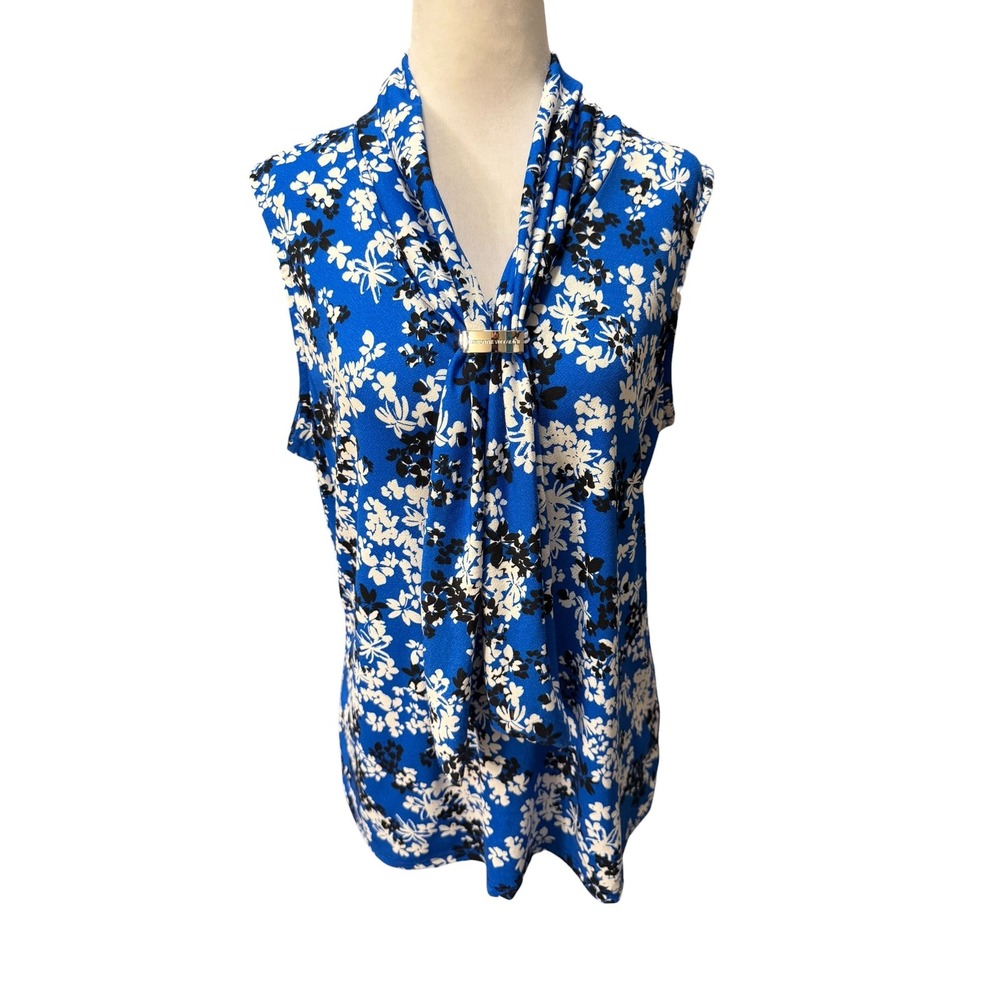 Adrienne Vittadini Blue Floral Cowl Neck Sleeveless Blouse Gold Hardware Medium